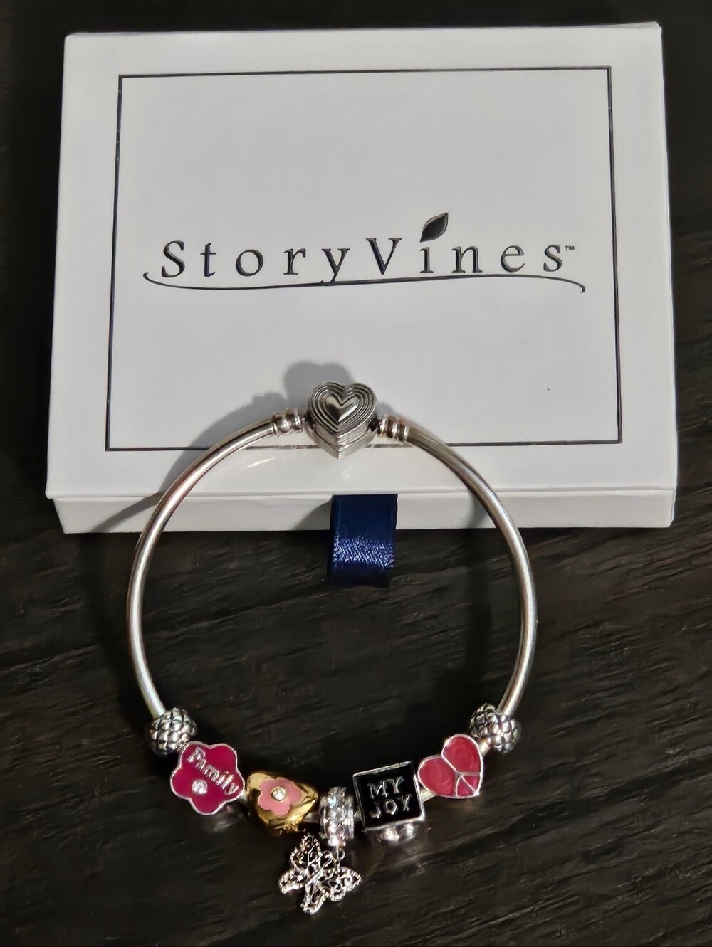 New Story Vines Family Charms 5-Piece Set & Box w/ EUC Silver-tone Bangle Base